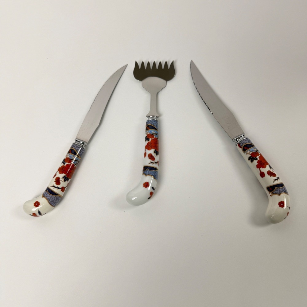 Prill Sheffield England Porcelain Handle Knife Set Floral Cheese Fork 3pc